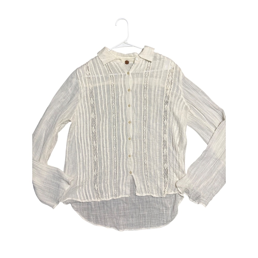 FP One Free People Ivory Sheer Gauze Lace Boho Blouse Button Down XS/S